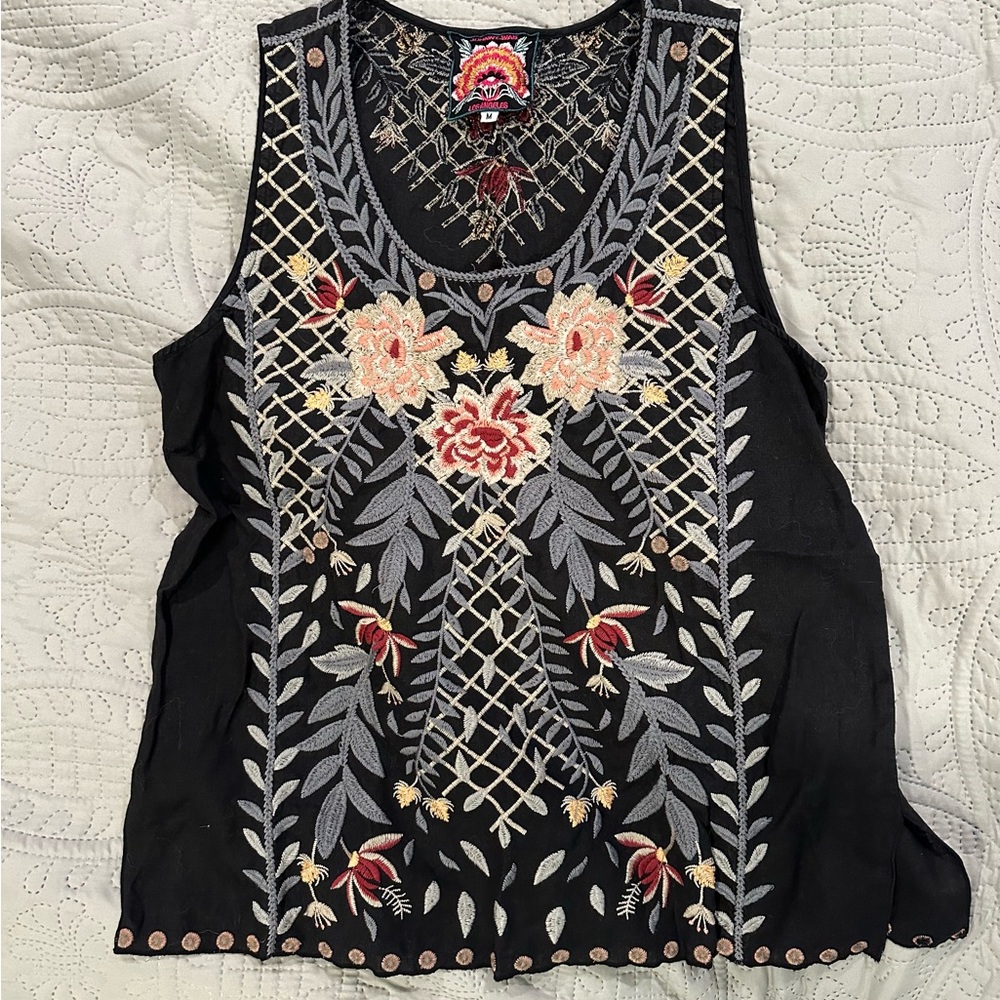 Johnny Was Black Floral Embroidered Top